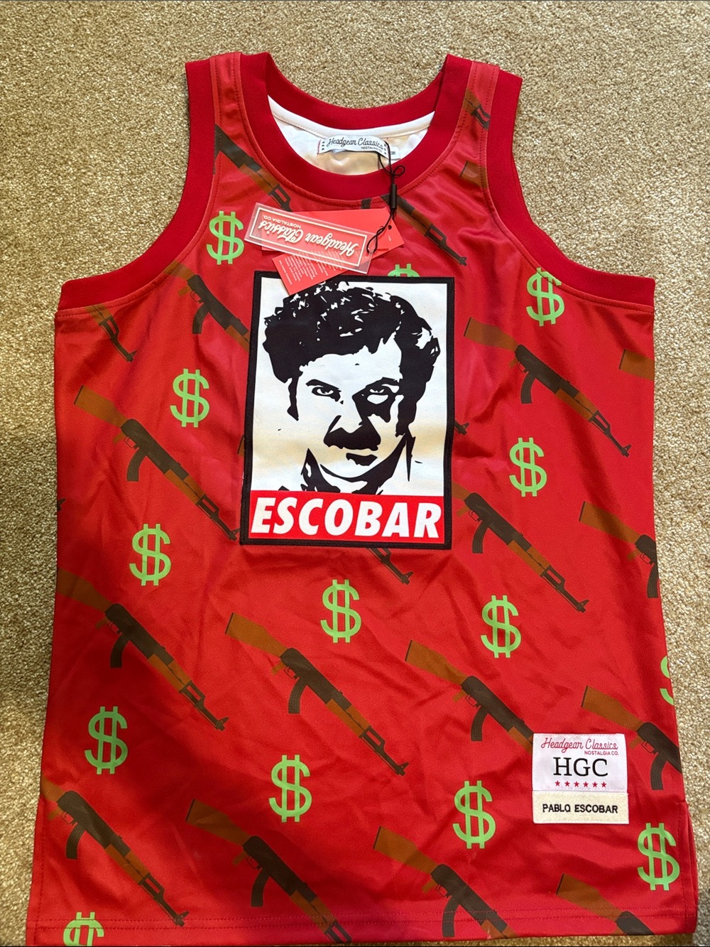 Escobar Graphic Red Tank Top with Money & Gun Print